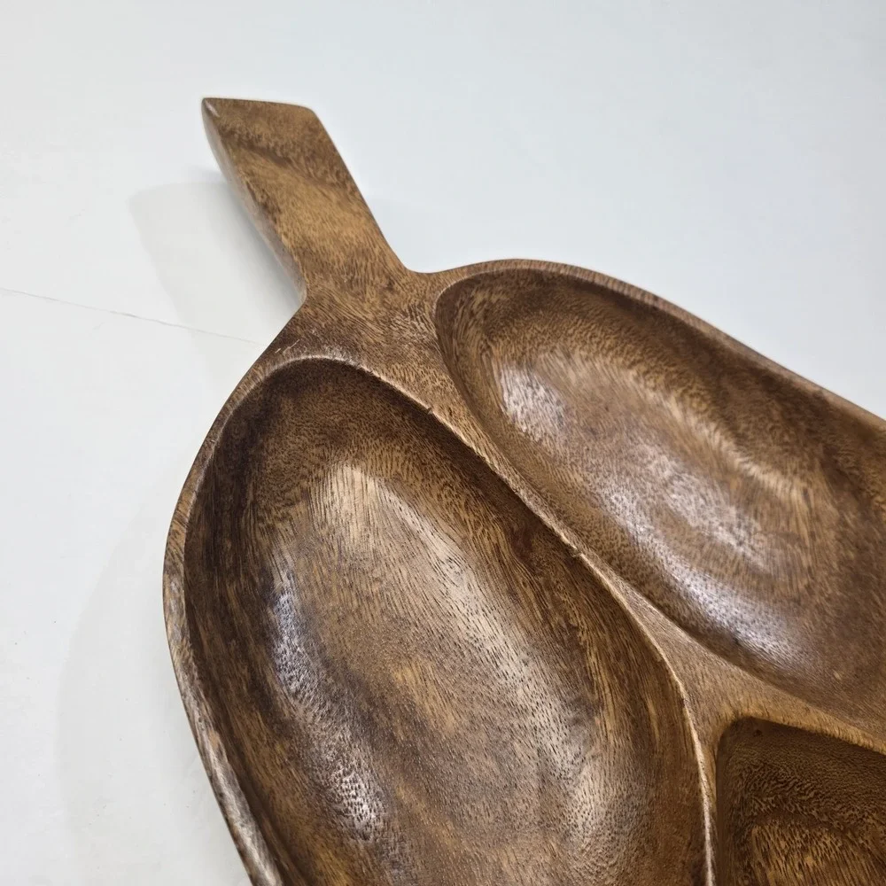 Mid Century MCM Carved Mahogany Wood‎ Divided Leaf Tray Platter 21.5